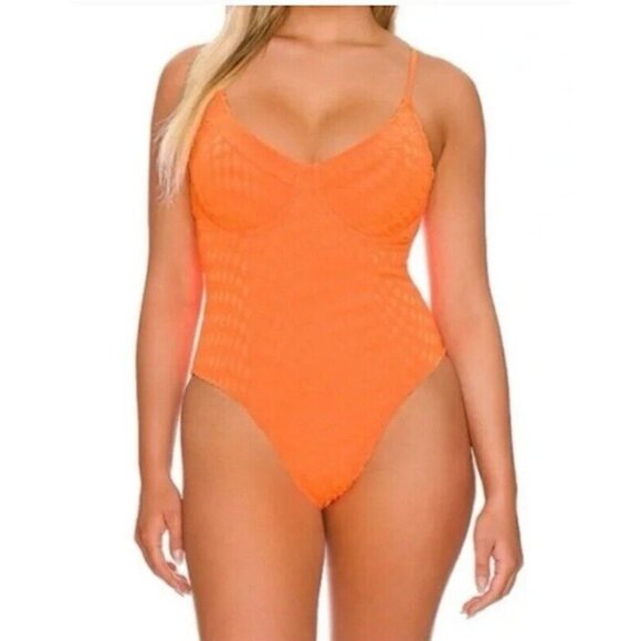 NWT Good American 7 XXXXL Jacquard Show Off 1Pc Orange Cream Swimsuit 119057 - Picture 1 of 2